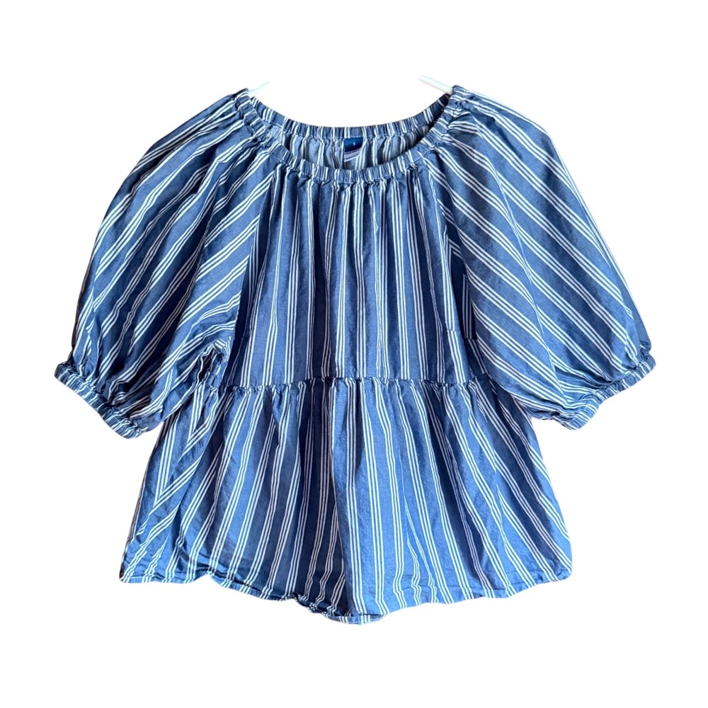 Old Navy Womens Small Blue White Striped Puff Sleeve Cotton Babydoll Top Blouse